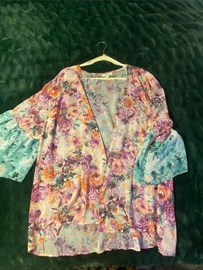 Style & Co. Lavender Multi Floral V-Neck Kimono Tunic with Teal Accents